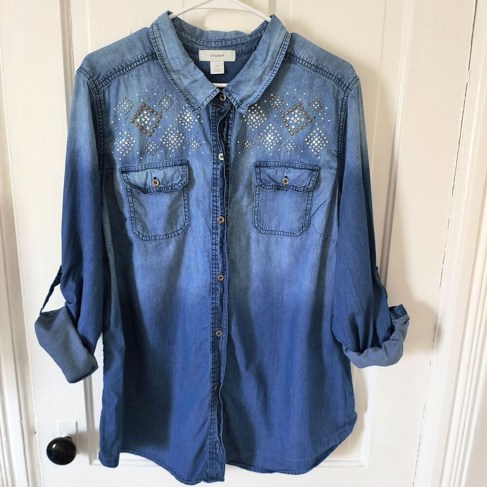 CJ Banks Denim Shirt 2X Blue Tie dye Roll Tab Sleeves Bling Rodeo Festival - Picture 15 of 16